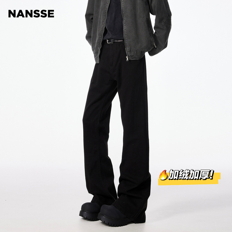 秋冬黑色弯刀微喇加绒加厚牛仔裤