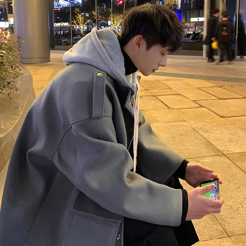 假两件连帽毛呢大衣男士秋冬加厚痞帅呢子风衣青少年短款工装外套