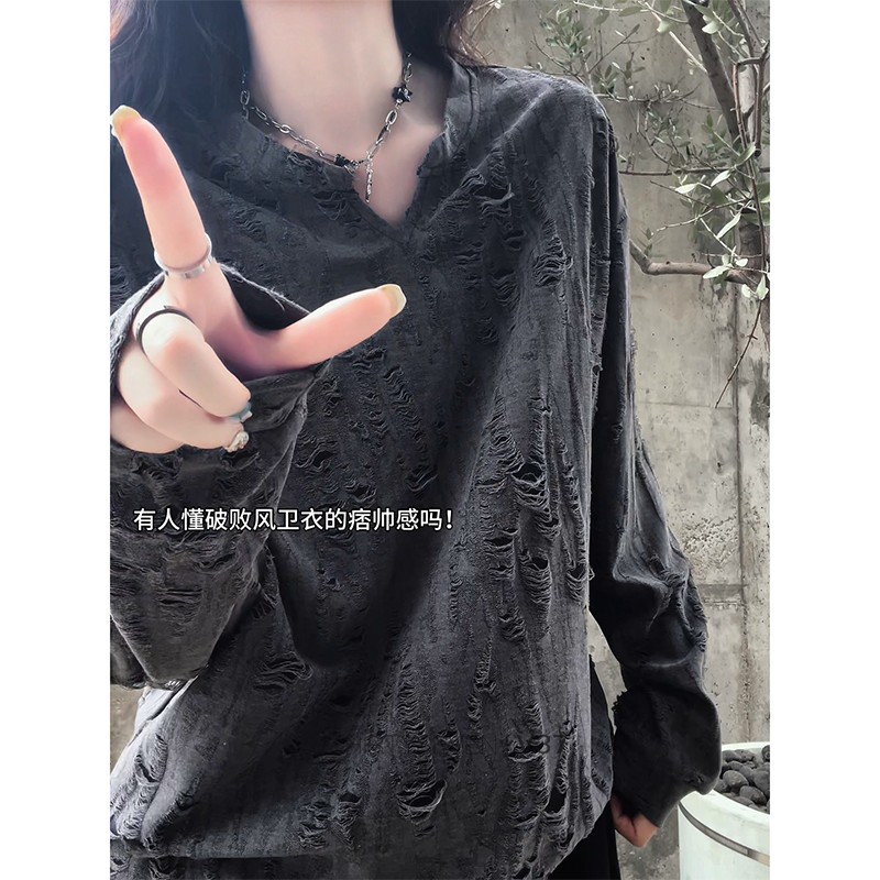 宽松薄款破洞亚文化V领长袖T恤早秋新款潮潮牌中性慵懒风打底罩衫