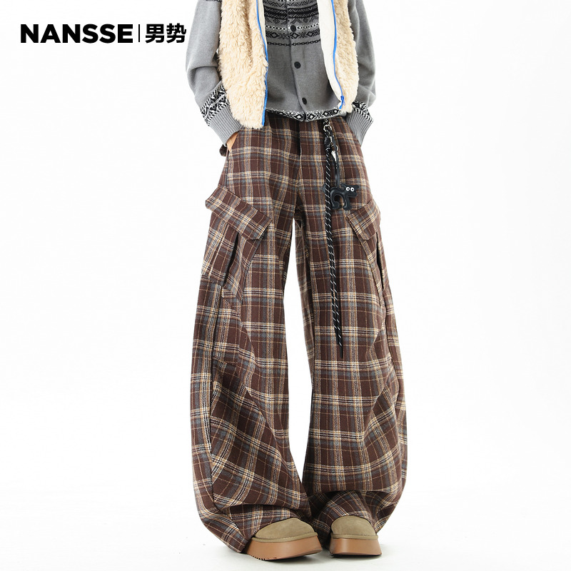 美式复古格子弯刀工装裤男秋冬潮