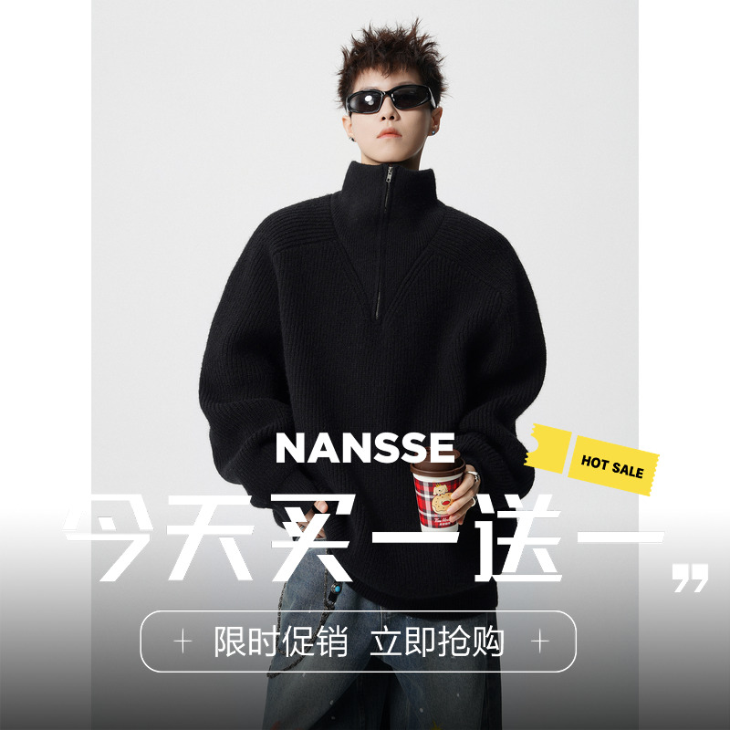 美式拼接高领纯色毛衣男女生秋冬