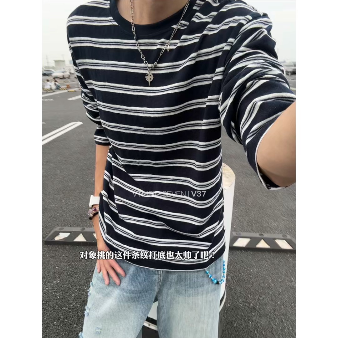 港风复古学院风条纹男士圆领长袖T恤宽松百搭凉感罩衫上衣打底衫