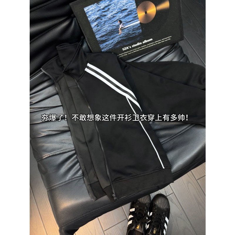 美式双杠条纹重磅卫衣男女款春秋潮牌开衫外套宽松立领情侣棒球服
