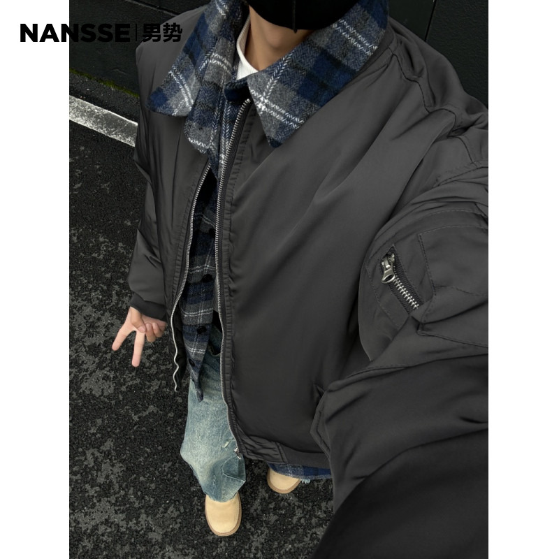 NANSSE假两件棉服外套男毛呢格子