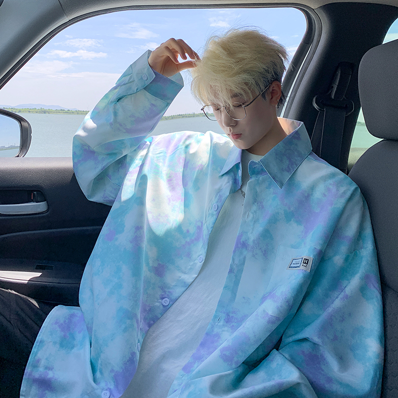 水墨扎染长袖衬衫男2025春秋季