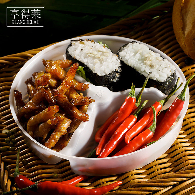 一次性饭菜分离塑料隔层托便当快餐盒内托圆形纸碗内衬两层外卖盒