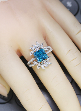冰花切方形海蓝宝戒指女