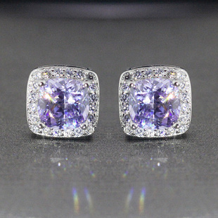 浅紫钻耳钉枕形正方形高碳钻紫水晶925纯银镀18K白金耳饰品拽姐风