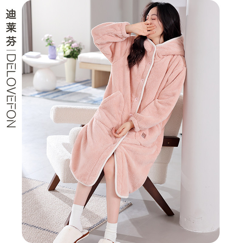 睡袍女士秋冬季加厚珊瑚绒连帽长款休闲法兰绒浴袍冬天保暖家居服