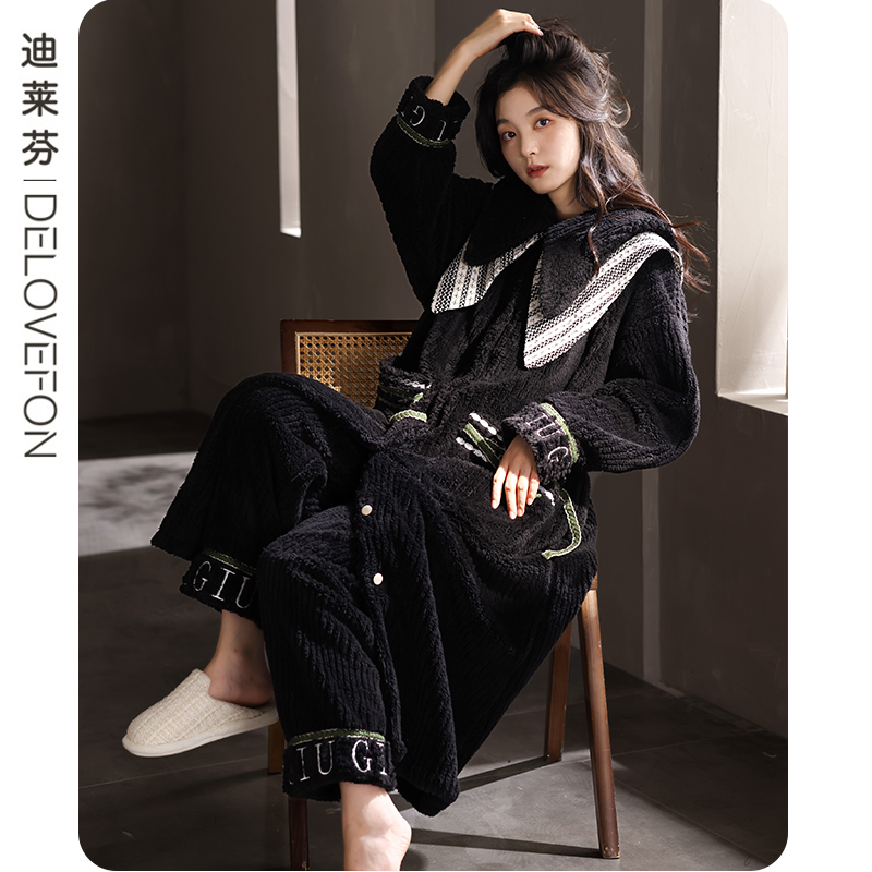 睡衣女款秋冬季珊瑚绒睡袍长袍加厚套装冬季法兰绒加绒女士家居服
