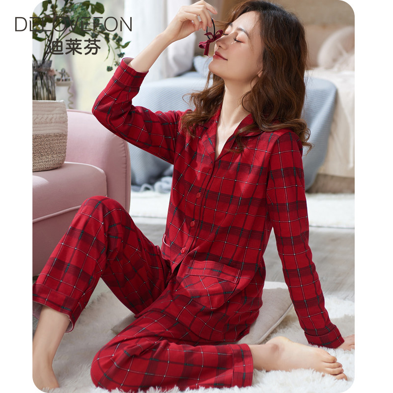 睡衣女春秋季纯棉长袖开衫薄款红色格子秋天大码家居服可外穿套装
