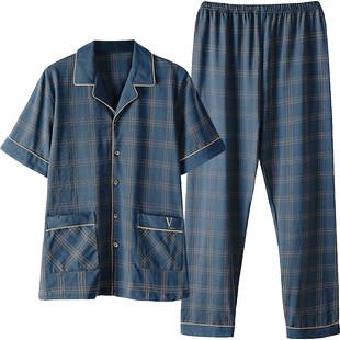男士睡衣夏季纯棉短袖长裤薄款夏天大码格子家居服夏男款全棉套装