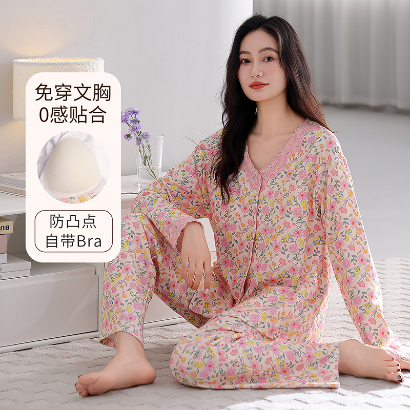 睡衣女春秋季纯棉长袖中年妈妈家居服带胸垫秋冬薄款开衫大码套装