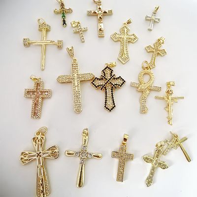 久不褪色纯铜镀18K真金十字架吊坠微镶金色银色粉色彩色十字架