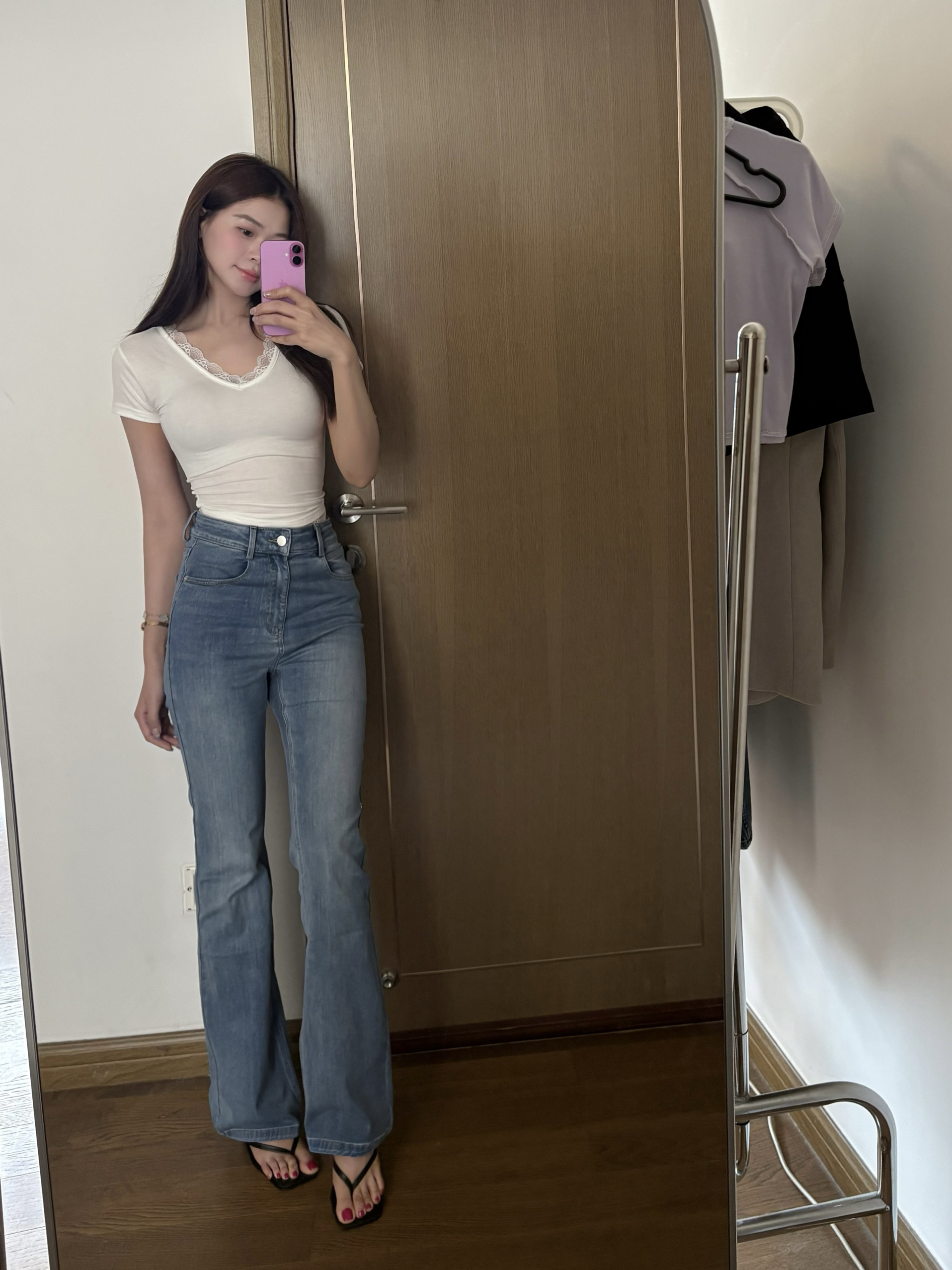 陈椿儿 美式复古气质水洗做旧牛仔裤女夏季高腰长裤