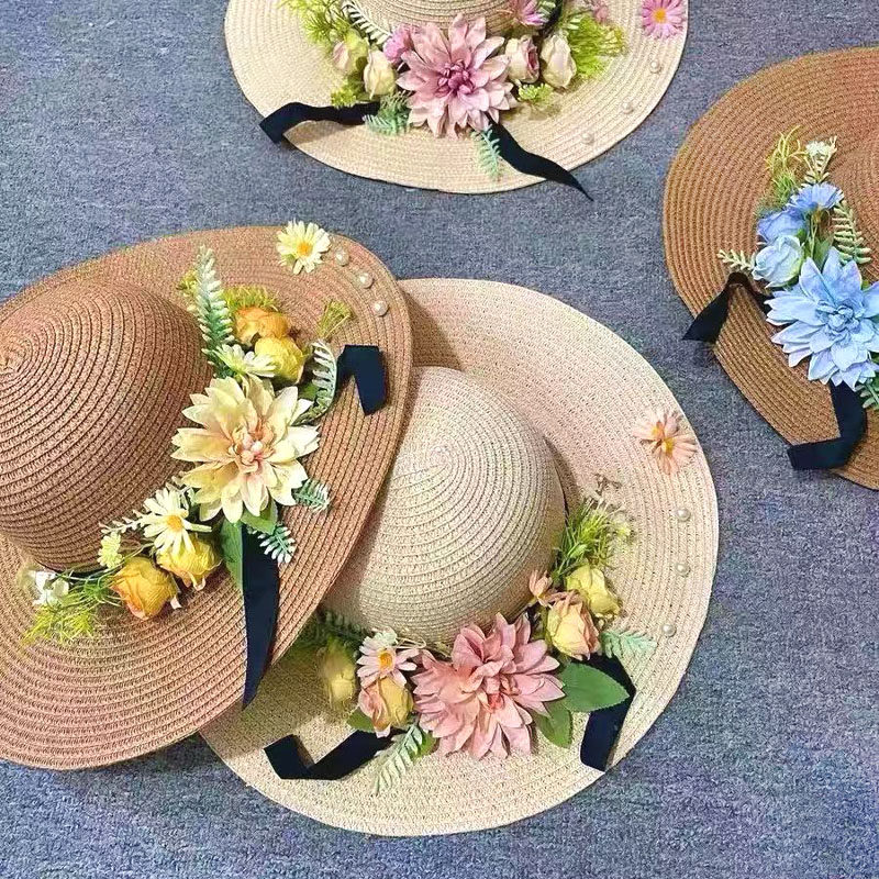 三八妇女节手工草帽diy材料包法式帽子成人大帽檐波浪帽子沙龙