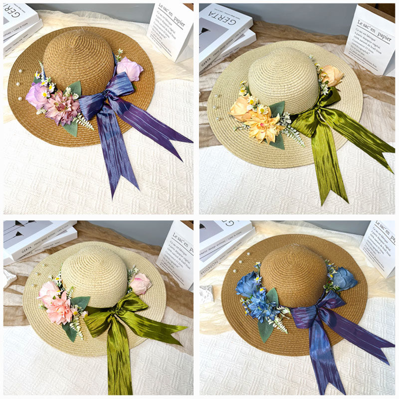 三八节花艺手工草帽diy材料包亲子活动成人大帽檐活动团建遮阳帽