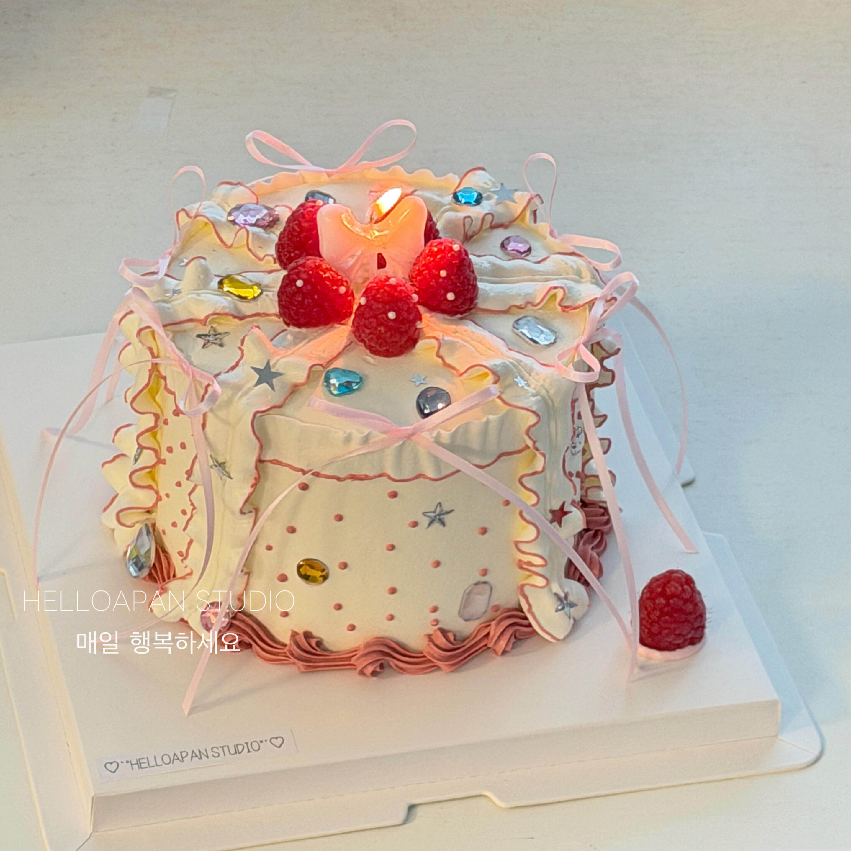 韩系氛围感彩色钻石宝石蛋糕装饰丝带蝴蝶结蜡烛生日甜品摆件插件