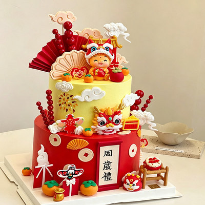 国潮风醒狮马宝宝蛋糕装饰中式糖葫芦祥云龙头周岁礼烘焙插件摆件
