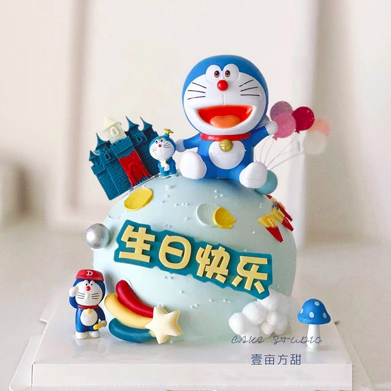 蓝猫蛋糕装饰 可爱躺姿盖被蓝猫星星云朵生日蛋糕装饰摆件插件