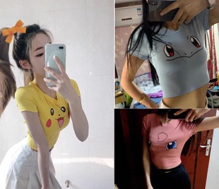夏搞怪可爱显胸短袖T恤女网红ins少女卡通短款露脐紧身上衣闺蜜装