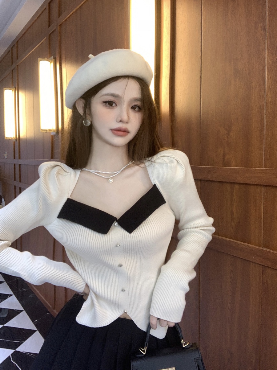 拼色泡泡袖方领针织衫女秋冬