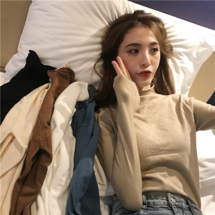 韩版ins超火的T恤女秋冬2018新款打底修身纯色半高领长袖套头上衣