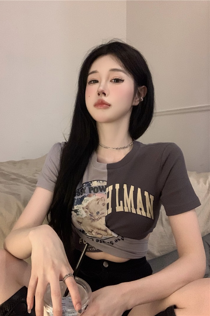 欧美辣妹撞色绑带短款T恤女