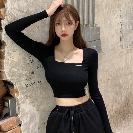 秋冬气质黑色性感刺绣紧身方领长袖T恤女打底衫露脐短款修身上衣t