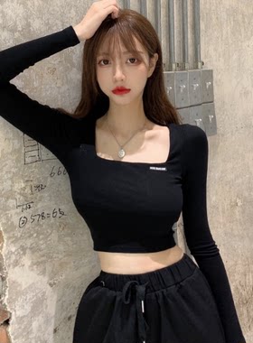 秋冬气质黑色性感刺绣紧身方领长袖T恤女打底衫露脐短款修身上衣t