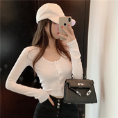 T恤女单排纽扣修身 长袖 百搭打底上衣 露脐紧身开衫 ins秋冬高腰短款