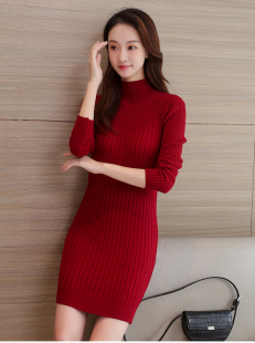 半高领针织连衣裙女长袖 加厚毛衣打底裙 小个子紧身包臀显瘦中长款