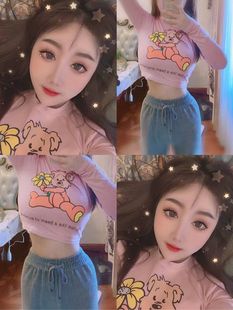 露脐长袖 小熊T恤女2020新款 粉色紧身秋冬短款 内搭打底衫 上衣t 修身