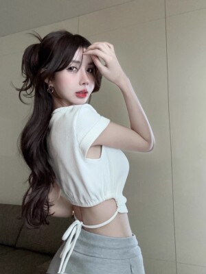 露背短款抽绳绑带正肩短袖t恤