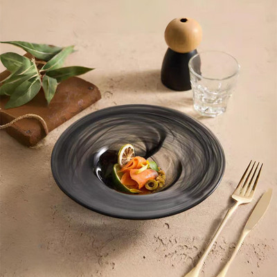高级感创意圆形大号沙拉碗餐桌摆件家用轻奢水墨玻璃碗水果盘果盆