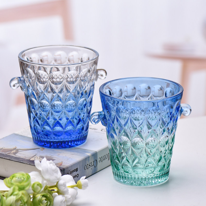 法兰晶创意双耳彩色玻璃冰桶酒吧家用高颜值手提啤酒冰镇桶冰块桶