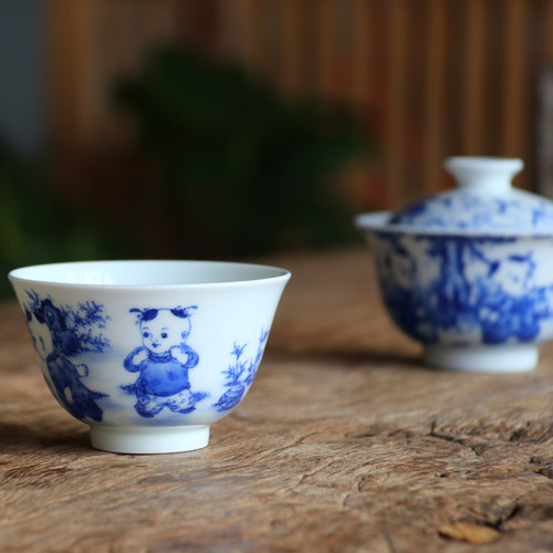云山片玉青花盖碗全手工胎手绘