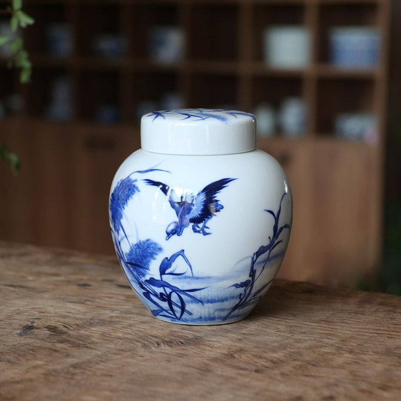 【雁宿秋苇】釉下彩手绘青花陶瓷茶叶罐双盖密封罐储物罐仿古手工