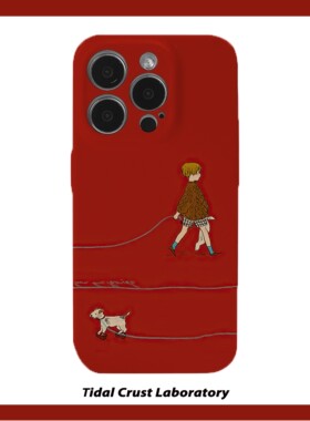 红色少女遛狗可爱油画菲林二合一壳适用苹果17nova14华为p70mate60小米15opporen14ovivo荣耀300iPhone16