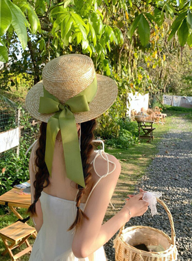 法式绿色蝴蝶结日系小清新平顶草帽女夏季遮阳防晒帽出游百搭帽子