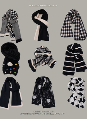 ins原创韩版百搭黑色冬季学生情侣围巾男女针织毛线韩系围脖厚潮