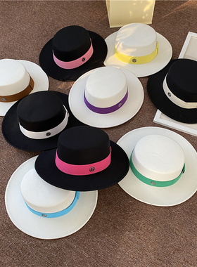 新款法式宽檐帽子女秋冬时尚百搭礼帽黑色毛呢平沿英伦复古平顶帽