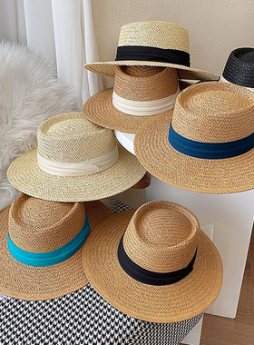 ins网红草帽女夏天复古英伦平顶礼帽韩版小清新沙滩防晒遮阳帽潮