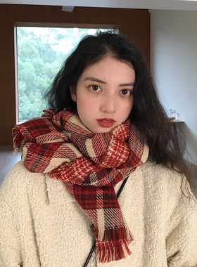 ins网红复古格纹红色围巾女秋冬季韩版百搭双面仿羊绒学生围脖潮