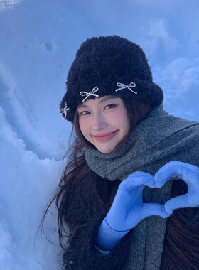 韩系黑色蝴蝶结包头帽女秋冬季毛绒护耳保暖针织套头帽百搭显脸小