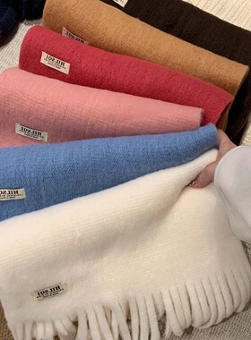 ins韩系氛围感纯色蓝色贴标流苏围巾女冬季加厚保暖软糯护颈围脖