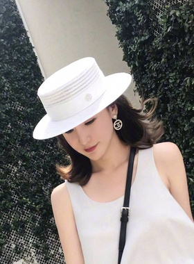 欧美名媛风时尚M字母白色平顶沙滩草帽透气遮阳帽子女夏度假出游