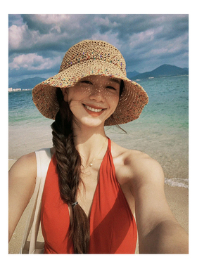 草帽女夏海边沙滩帽子女度假出游防晒大檐草编渔夫帽大头围遮阳帽