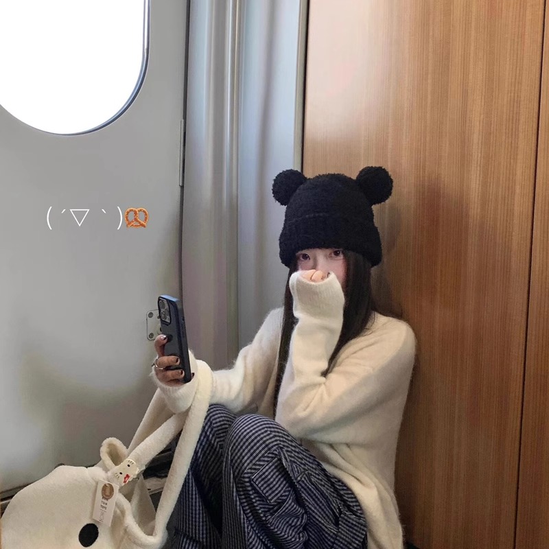 ins风可爱小熊包头帽秋冬款加厚显脸小保暖护耳针织套头毛绒帽子
