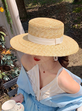 网红同款英伦平顶帽子女夏天遮阳帽白色防晒草帽沙滩帽礼帽大头围